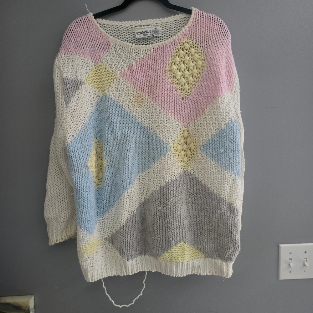 Vintage Exclusive Imports Hand Knit Oversized Pastel Granny Sweater Pink Blue 46